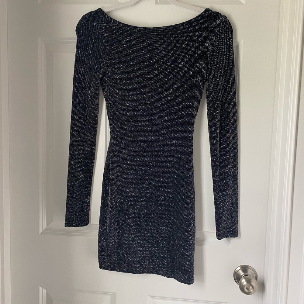 Black sparkly mini dress with open back!